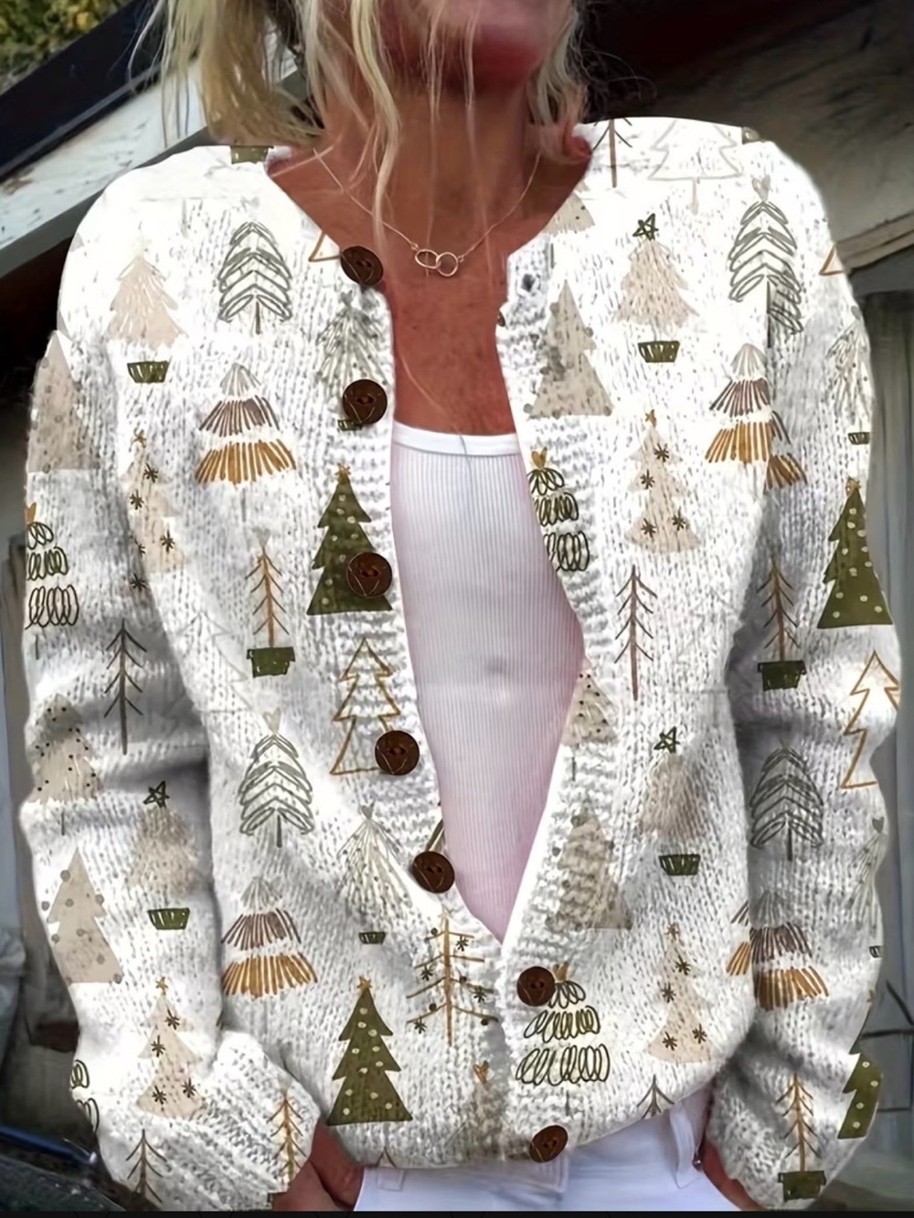 Christmas Tree Print Button Front Cardigan Cozy Holiday Sweater